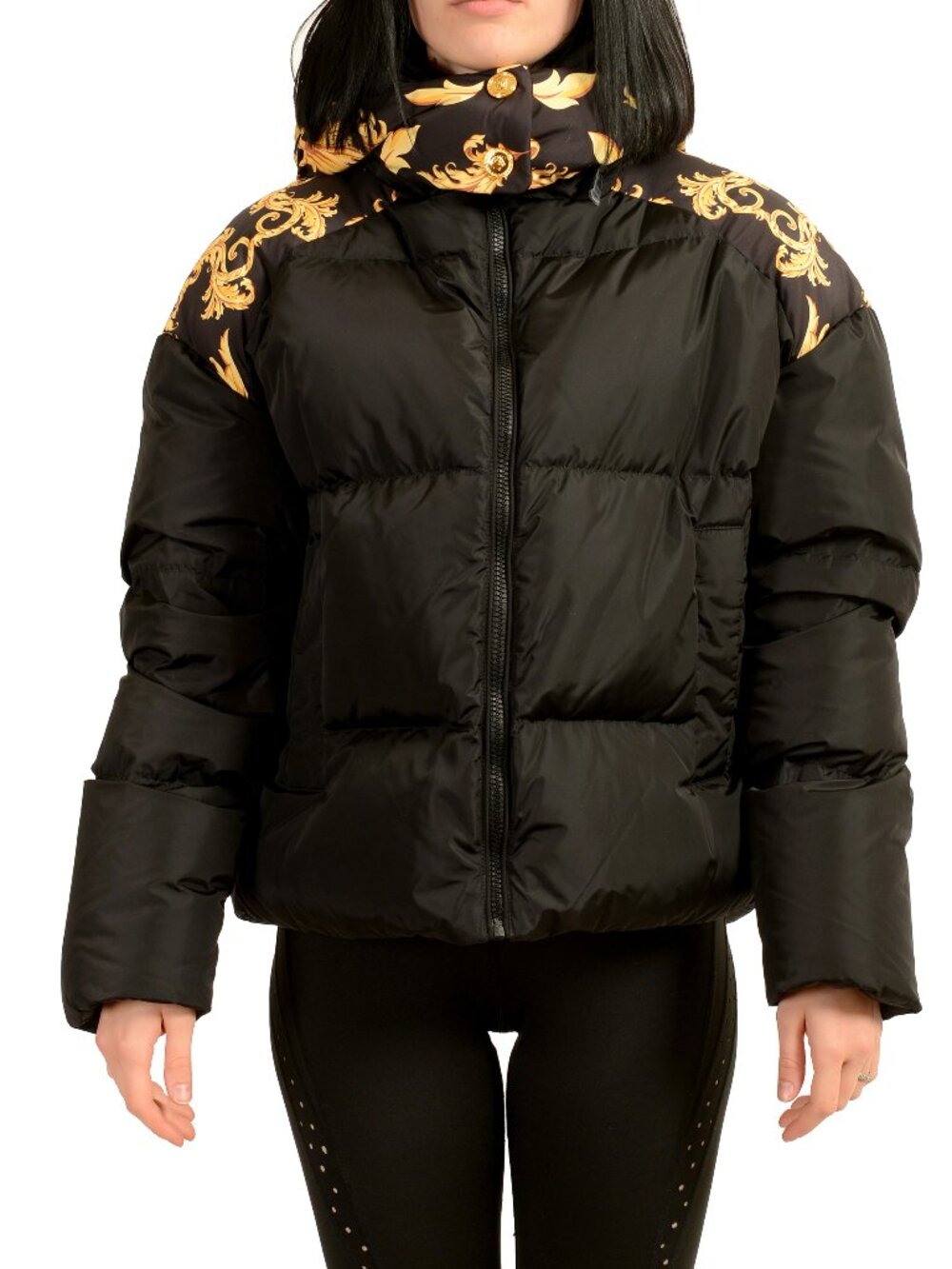 Versace Women's Black & Barocco Print Hooded Down Parka Jacket US M IT 42